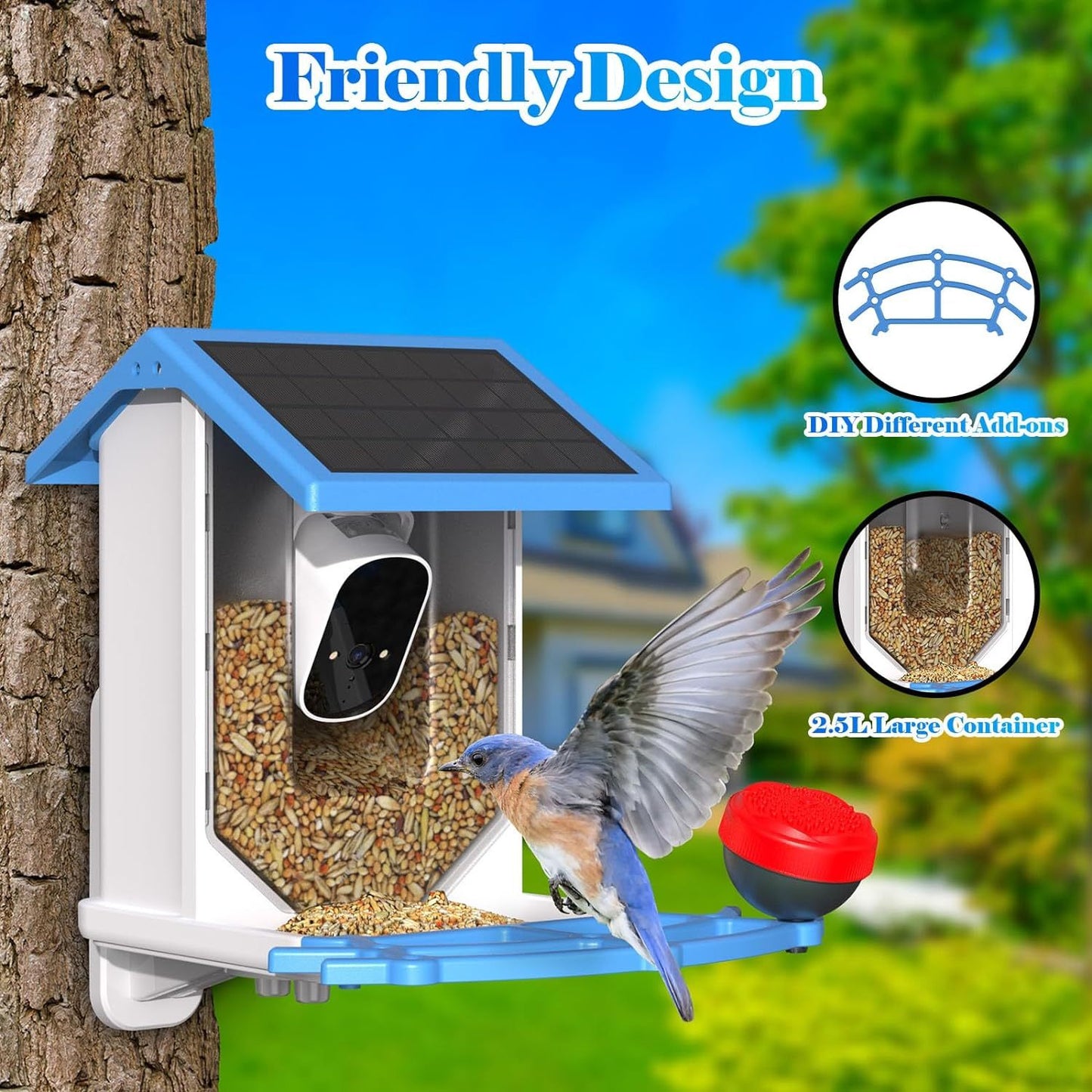 Sheila Merchandise Bird Feeder with AI recognition for bird watching camera, features large container and friendly design