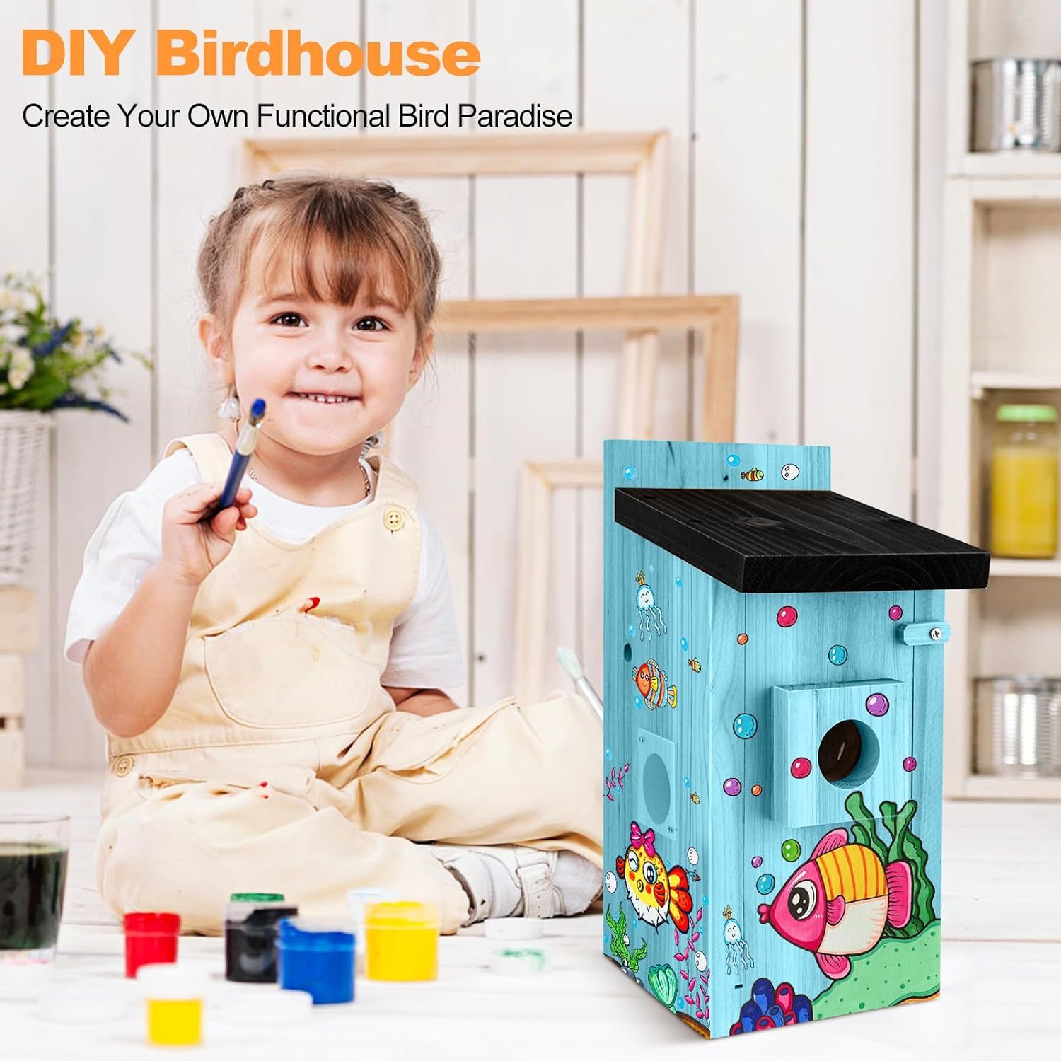 Colorful DIY Birdhouse for creating a bird watching smart house with a child painting details
