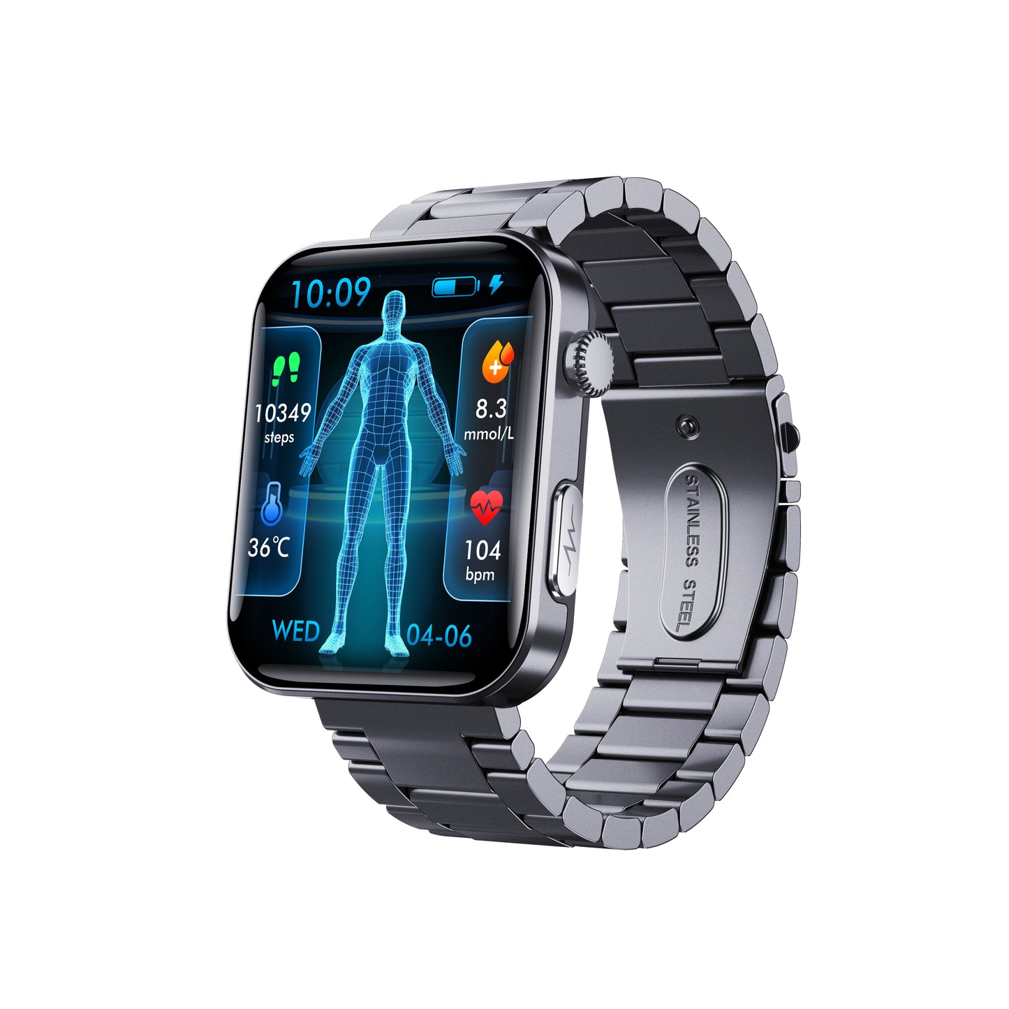 Bluetooth health monitoring smartwatch with stainless steel band showing health stats and steps count