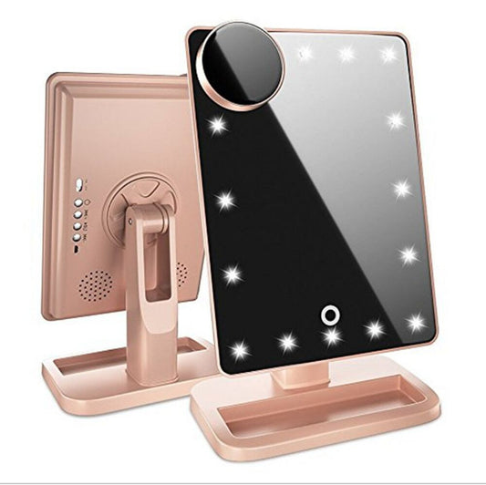 Bluetooth makeup mirror with lights in rose gold color featuring adjustable stand and built-in speaker