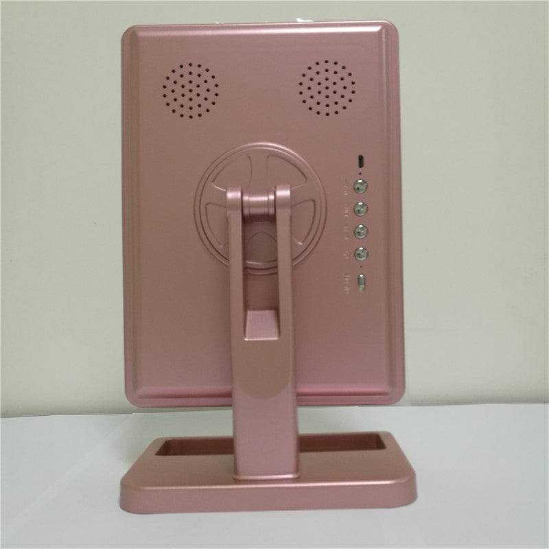 Sheila Merchandise Bluetooth makeup mirror with lights in rose gold color showing rear side with controls