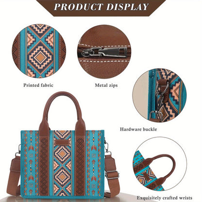 4Pcs Women's Retro Tote Bag Set with printed fabric and metal zips, a trendy women's accessory set