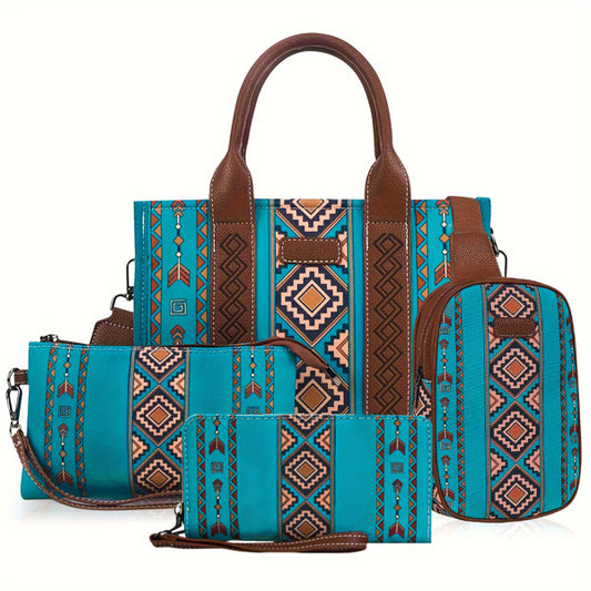 4Pcs Women's Retro Tote Bag Set with Aztec Pattern and Brown Handles trendy women's accessory set