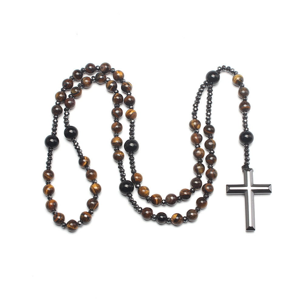 Natural Round Beads Long Chain Cross Necklace – Elegant Prayer Jewelry