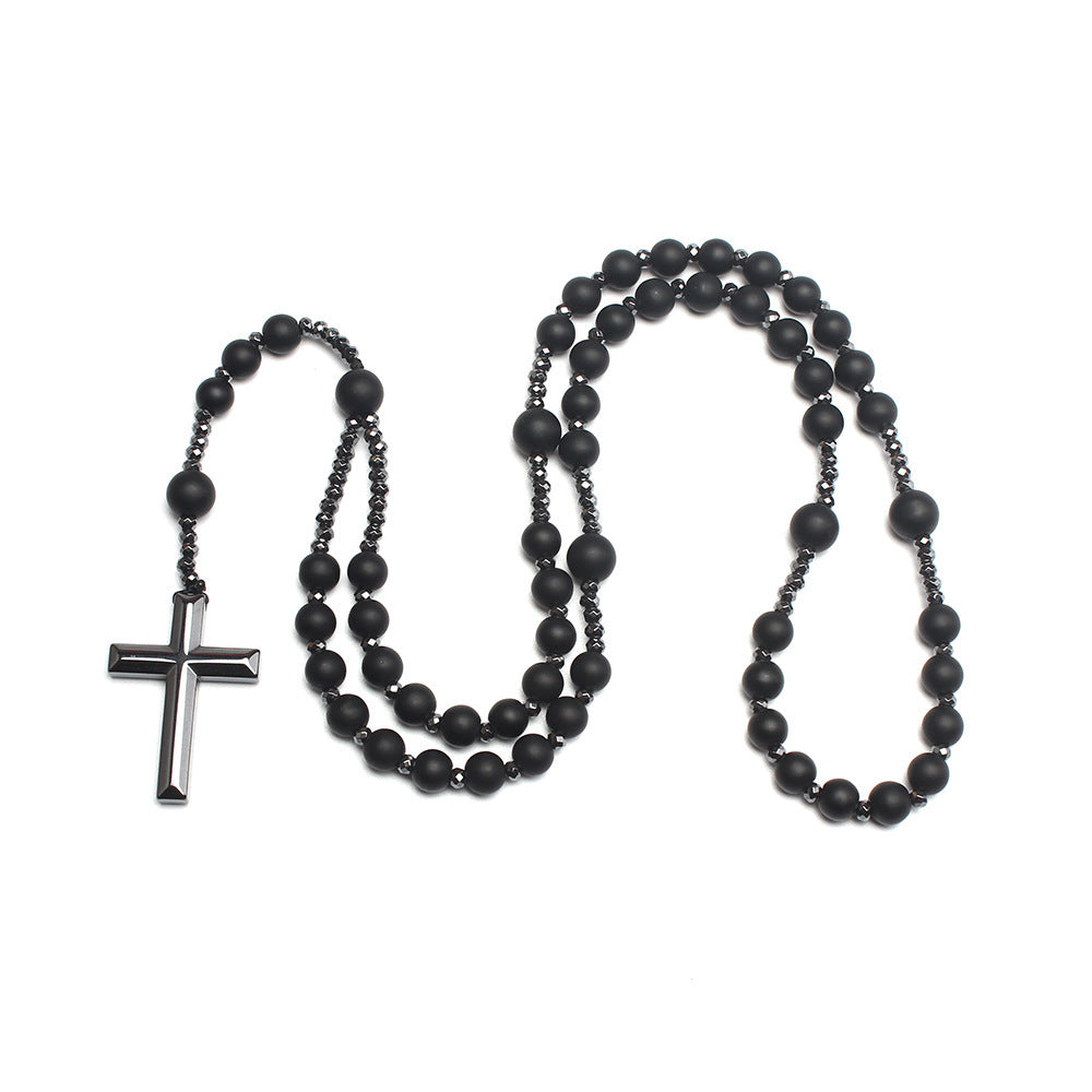 Natural Round Beads Long Chain Cross Necklace – Elegant Prayer Jewelry