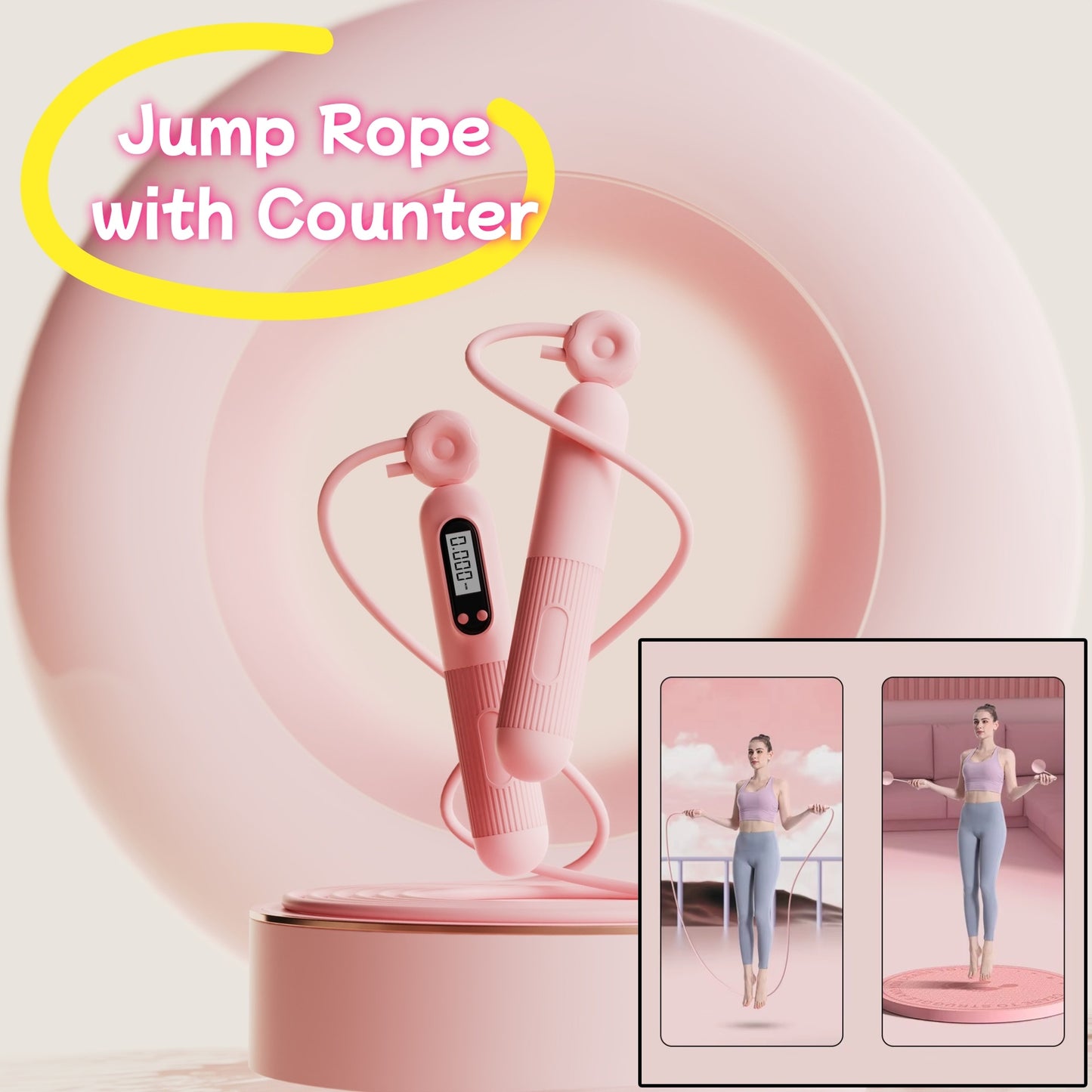 Pink cardio jump rope with counter and adjustable handles displayed on a stand by Sheila Merchandise