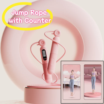 Pink cardio jump rope with counter and adjustable handles displayed on a stand by Sheila Merchandise
