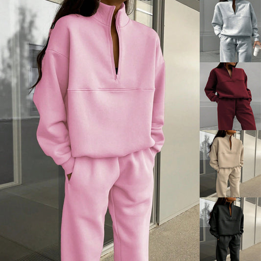 Long-sleeved Sports Sweatshirt Suit Fashion Stand-up Collar Zip-up Top And Elastic Band Trousers With Pocket  Fall Clothing For Women