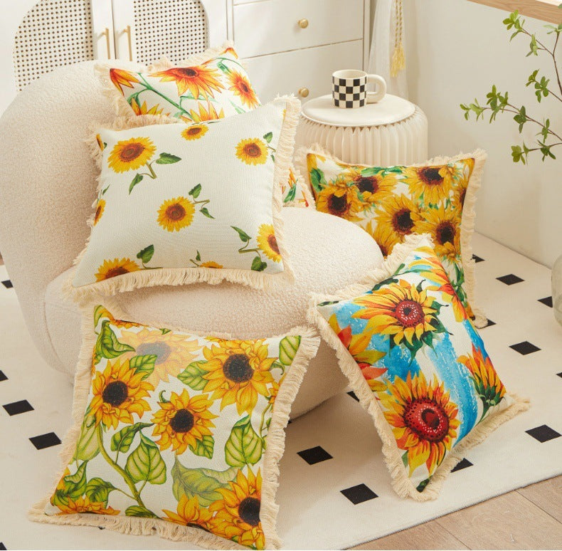 Tassel Sunflower Linen Printed Pillowcase Home Bedroom Bedside Soft Upholstery Pillow