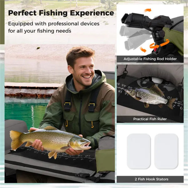 Inflatable Fishing Float Tube – 2 Air Chambers, Rod Holder & Fish Ruler, Green/Gray