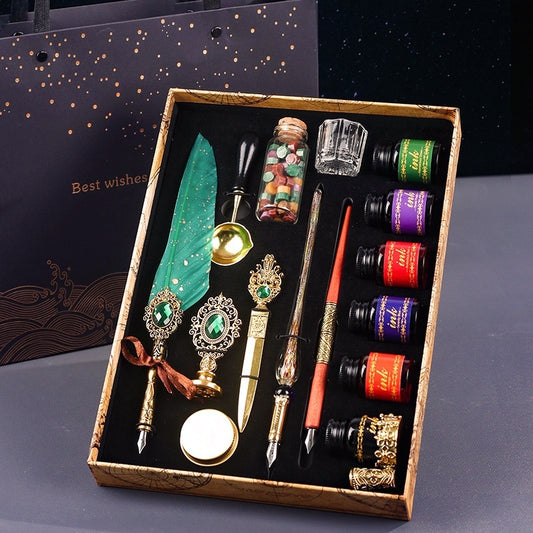 Classical Feather Pen Set with green feather pen, ink bottles, wax seal, and writing accessories by Sheila Merchandise