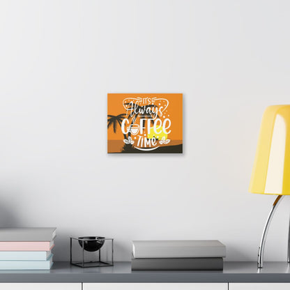 Coffee wall art canvas featuring a motivational quote on an orange background with palm trees