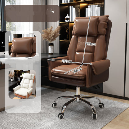 Brown leather comfortable swivel computer chair with cushioned backrest and chrome base in office setting