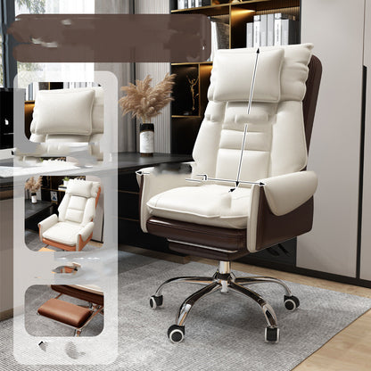 Comfortable swivel computer chair with cushioned white upholstery and brown accents in modern office setting