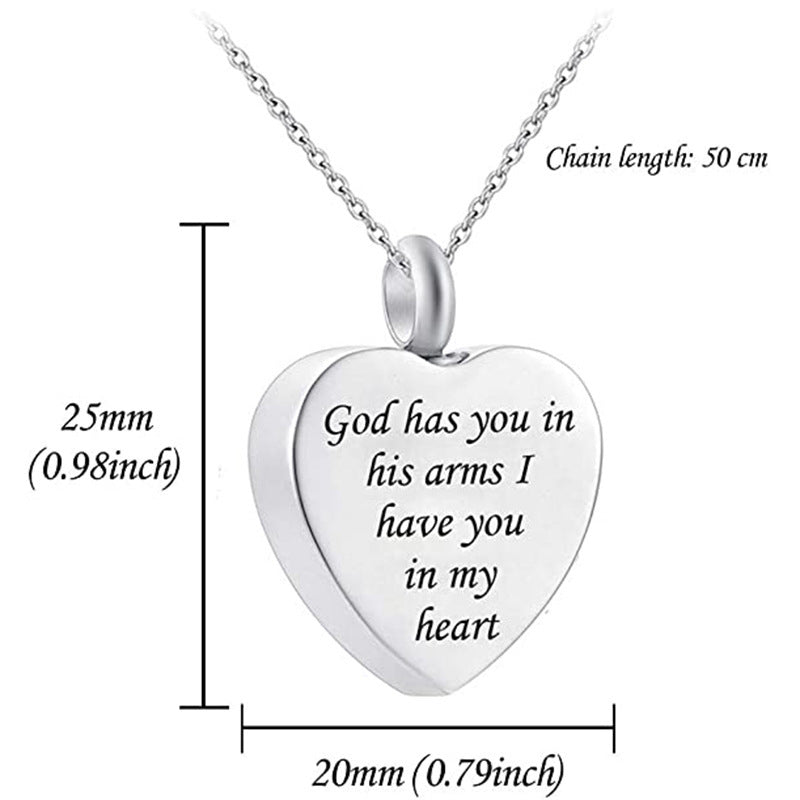 Heart-shaped cremation jewelry pendant with engraved message and silver chain by Sheila Merchandise