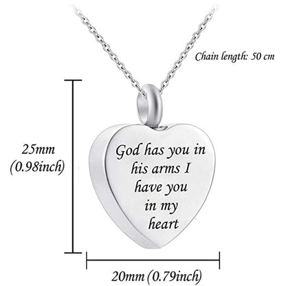 Heart-shaped cremation jewelry pendant with engraved message and silver chain by Sheila Merchandise