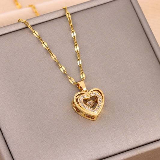 Rhinestone-Embellished Titanium Steel Love Necklace.