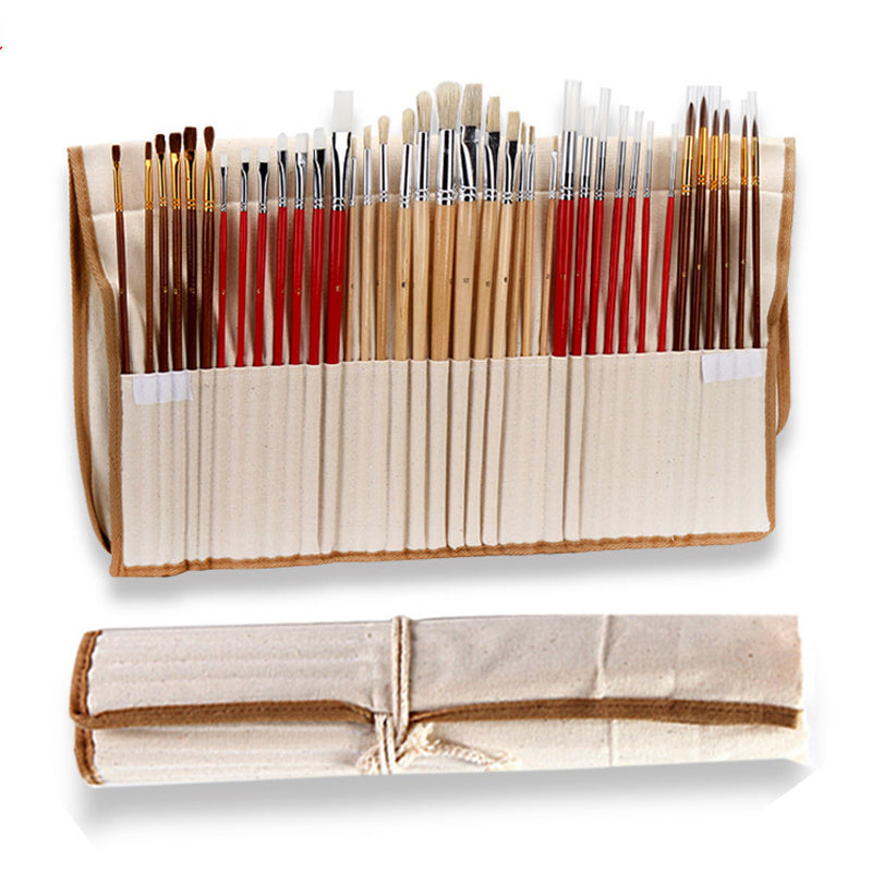 Paint Brush Set,38 Pcs/Set Paint Brushes with Canvas Bag Case Long Wooden Handle Art Supplies for Oil Acrylic Watercolor Painting