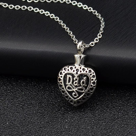 Heart urn pendant for ashes with Dad engraving on silver chain necklace
