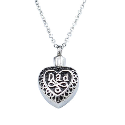 Silver heart urn pendant for ashes with Dad engraving and decorative details on a chain necklace