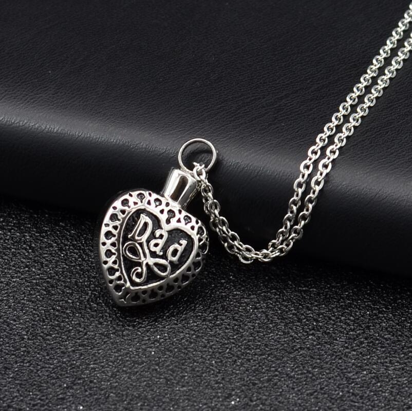Heart urn pendant for ashes with Dad engraving and decorative silver chain necklace