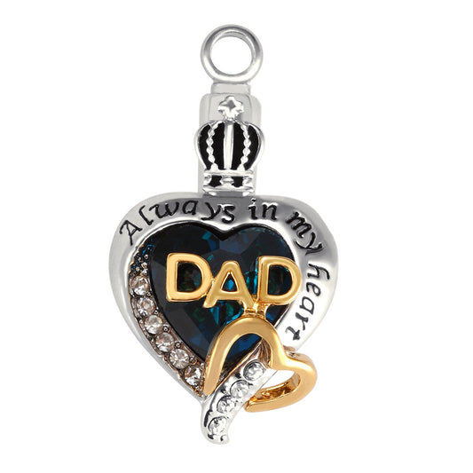 DAD Heart Love Urn Necklace Pendant with blue heart and gold accents dad remembrance necklace for ashes