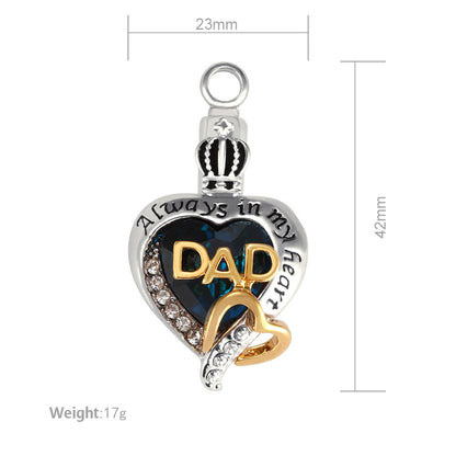 DAD Heart Love urn necklace pendant with blue heart and gold accents dad remembrance necklace for ashes