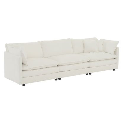 Mid-Century Modern 3-Seater Sofa – White Chenille Couch with Armrest & Toss Pillows