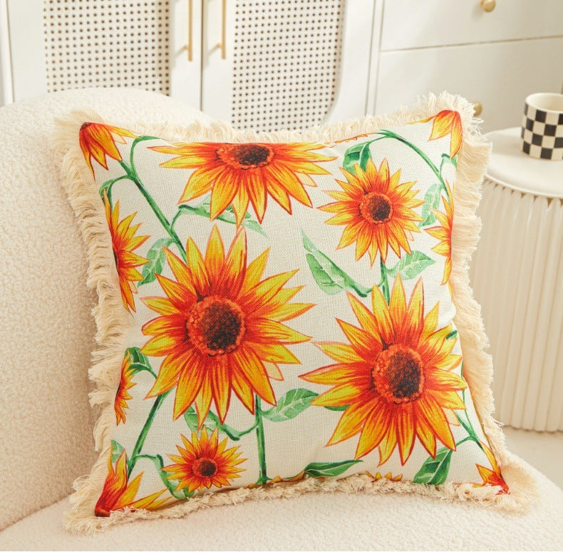 Tassel Sunflower Linen Printed Pillowcase Home Bedroom Bedside Soft Upholstery Pillow