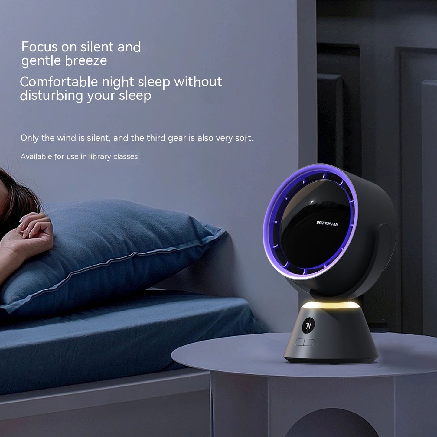 Sheila Merchandise mini turbine fan for office desk with silent breeze and modern design on bedside table