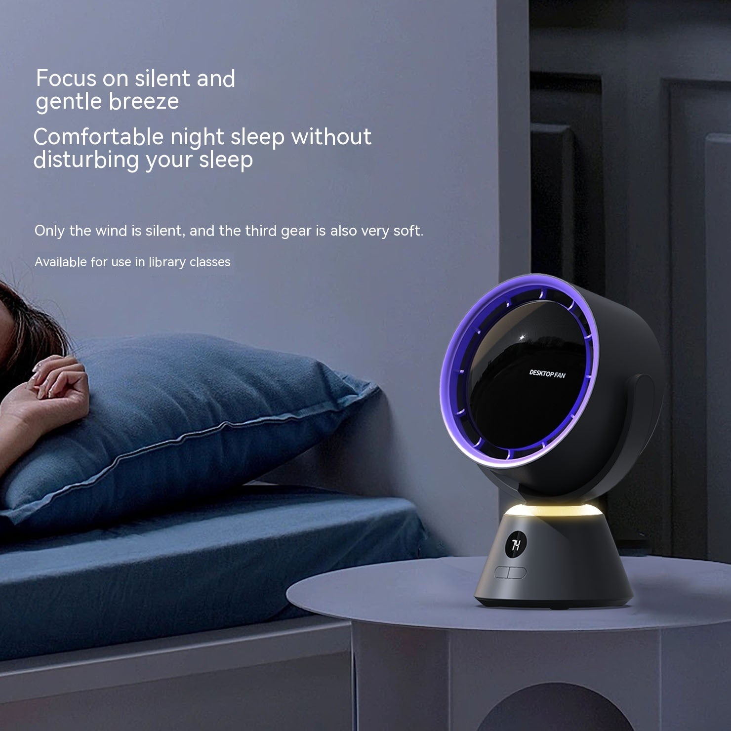 Sheila Merchandise mini turbine fan for office desk with silent breeze and modern design on bedside table