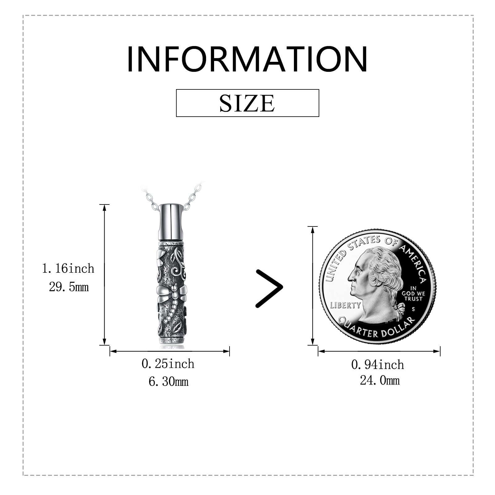 Sheila Merchandise dragonfly urn pendant for ashes in 925 sterling silver next to a US quarter for size comparison