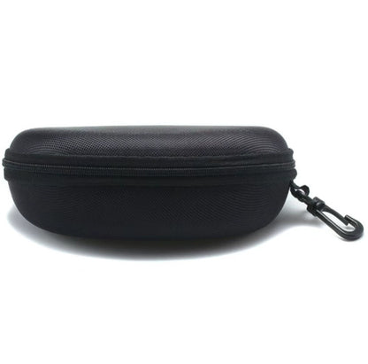 Black hard shell case with zipper and clip for polarized fishing sunglasses storage and protection