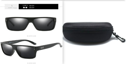 Black polarized fishing sunglasses with rectangular lenses and a protective zippered carrying case