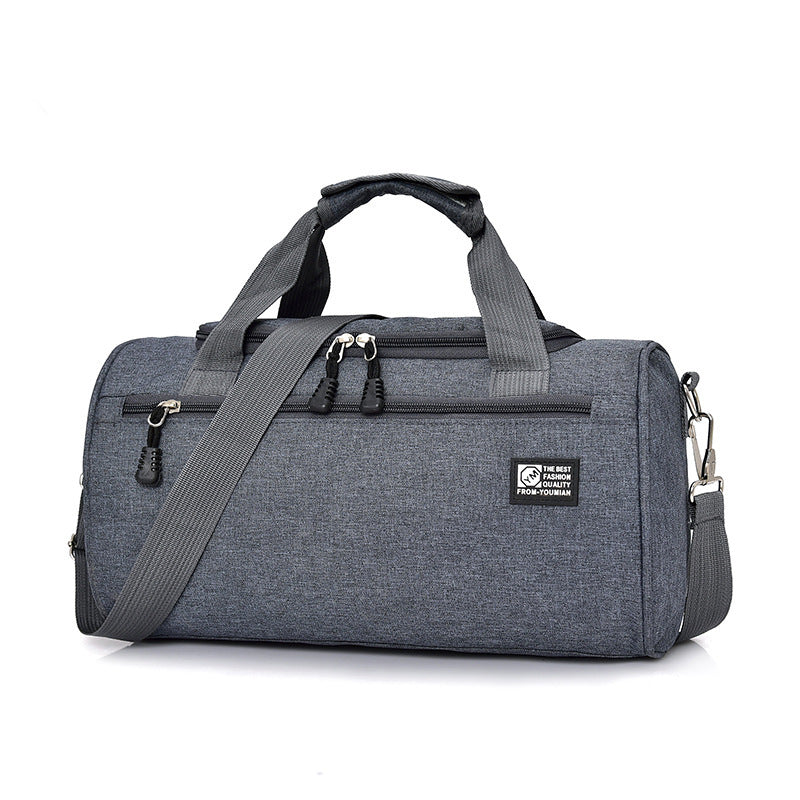 Sheila Merchandise durable sports gym bag in gray with multiple zippered compartments and adjustable shoulder strap