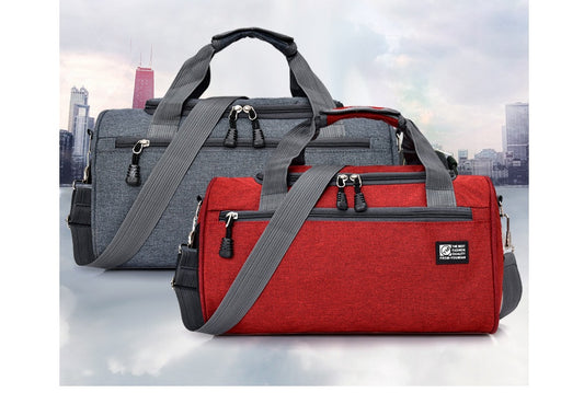 Sheila Merchandise durable sports gym bag in red and gray with multiple zippered compartments