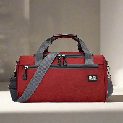 Sheila Merchandise durable sports gym bag in red with gray straps and multiple zippered compartments