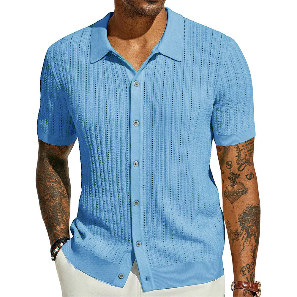 Men's Knitted Short Sleeve Button-Down Shirt, Solid Color