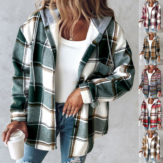 Women's Casual Plaid Hooded Coat for Autumn & Winter