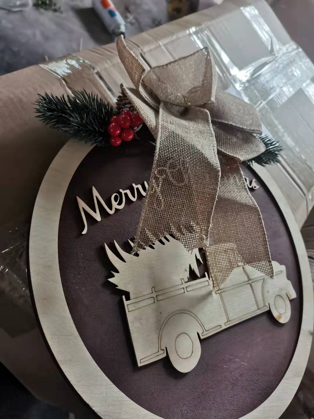 Wood Board Printing Christmas Wreath Bow