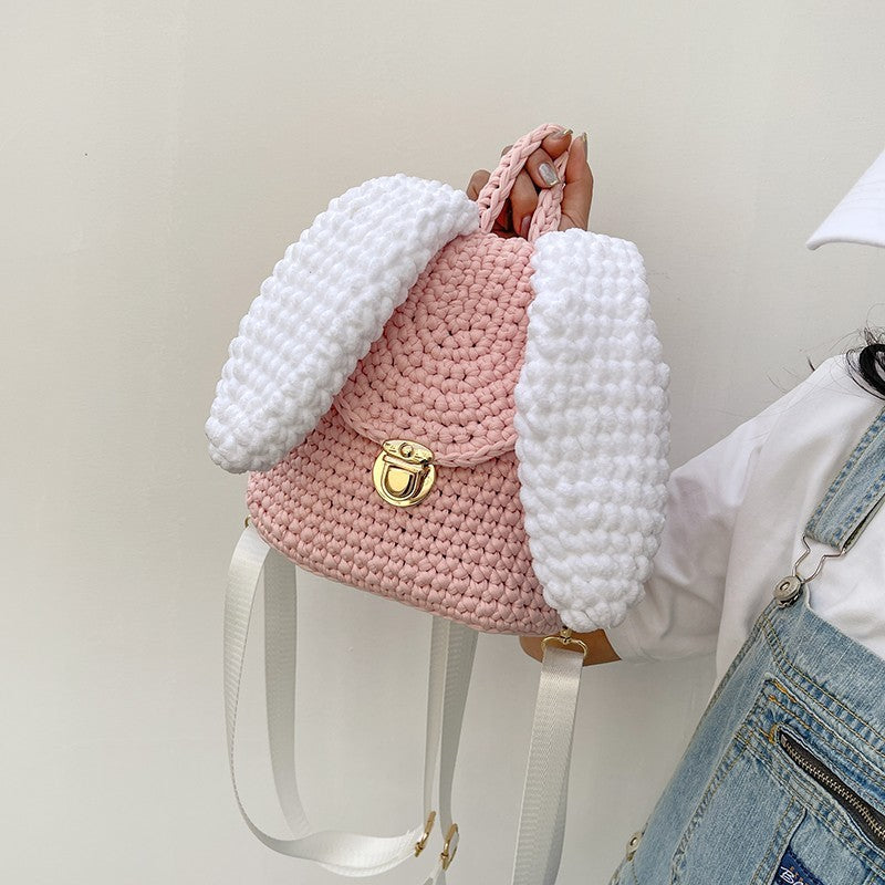 Homemade Hand Knitted Lock Cloth Crochet Big Ear Backpack