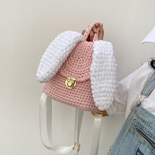 Homemade Hand Knitted Lock Cloth Crochet Big Ear Backpack