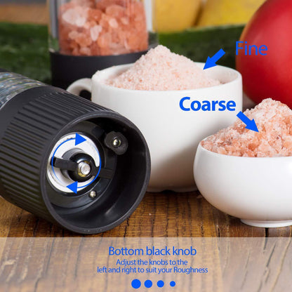 Black electric pepper grinder showing adjustable bottom knob for fine and coarse grinding by Sheila Merchandise