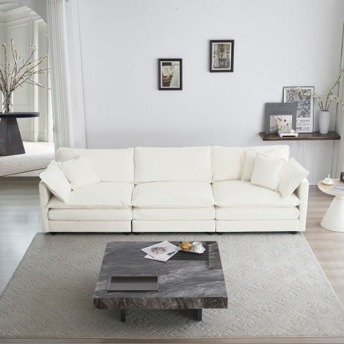 Mid-Century Modern 3-Seater Sofa – White Chenille Couch with Armrest & Toss Pillows
