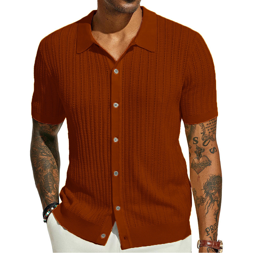 Men's Knitted Short Sleeve Button-Down Shirt, Solid Color