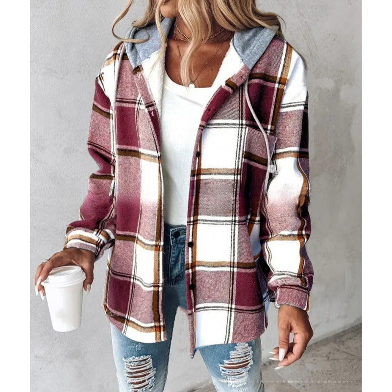 Women's Casual Plaid Hooded Coat for Autumn & Winter