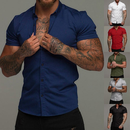 Men's Short Sleeve Business Casual Solid Color Lapel Shirt