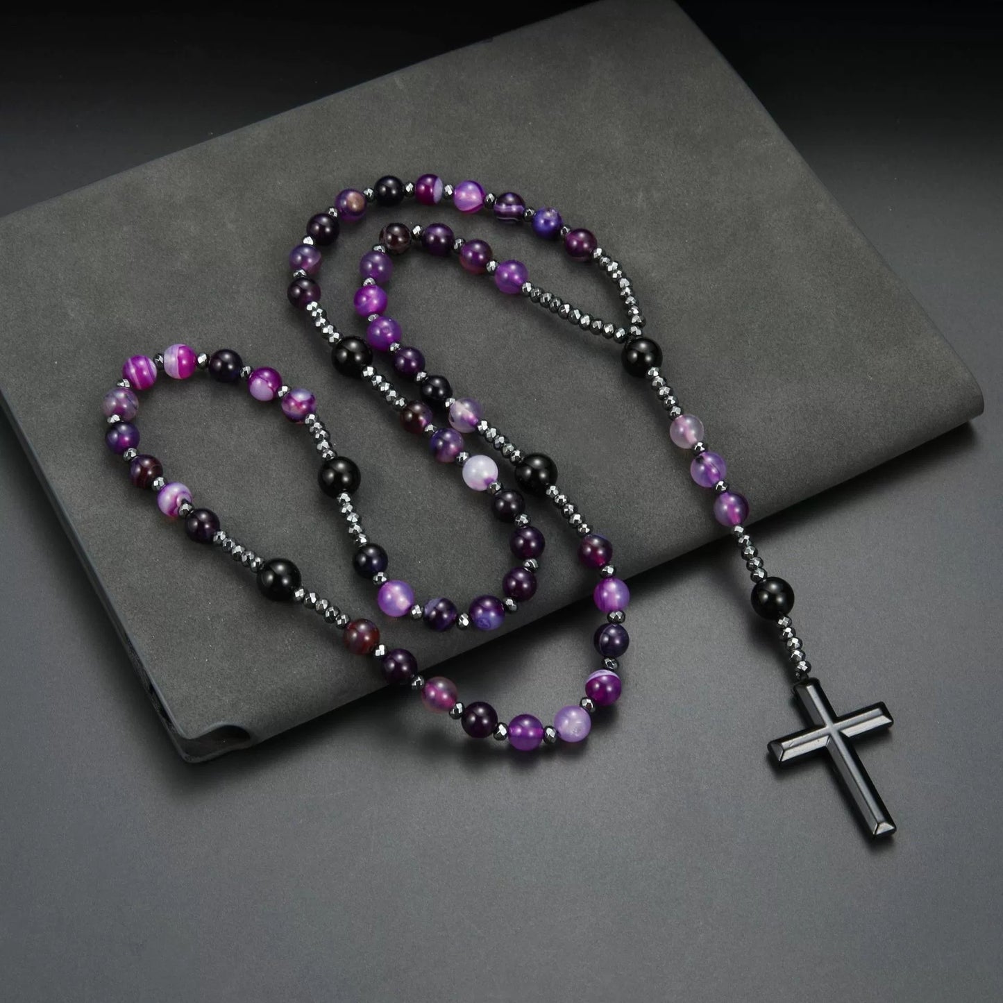 Natural Round Beads Long Chain Cross Necklace – Elegant Prayer Jewelry