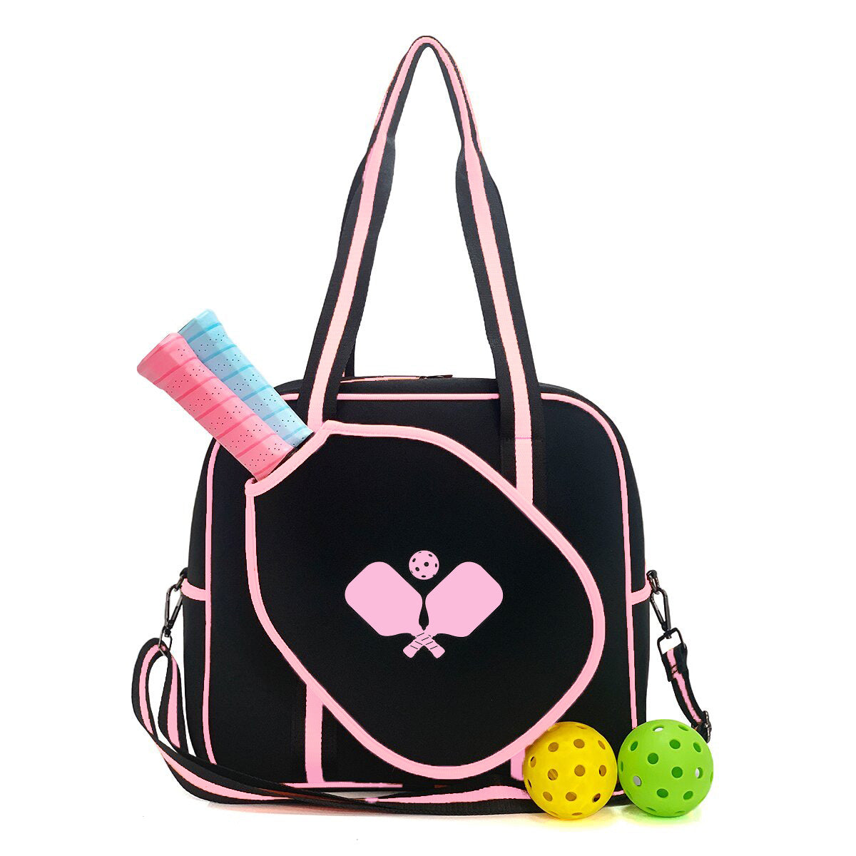 Striped outdoor neoprene travel bag by Sheila Merchandise with pink accents and a fashionable tennis equipment bag design