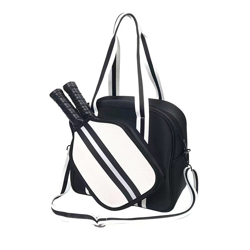 Striped outdoor neoprene travel bag by Sheila Merchandise with two tennis rackets fashionable tennis equipment bag